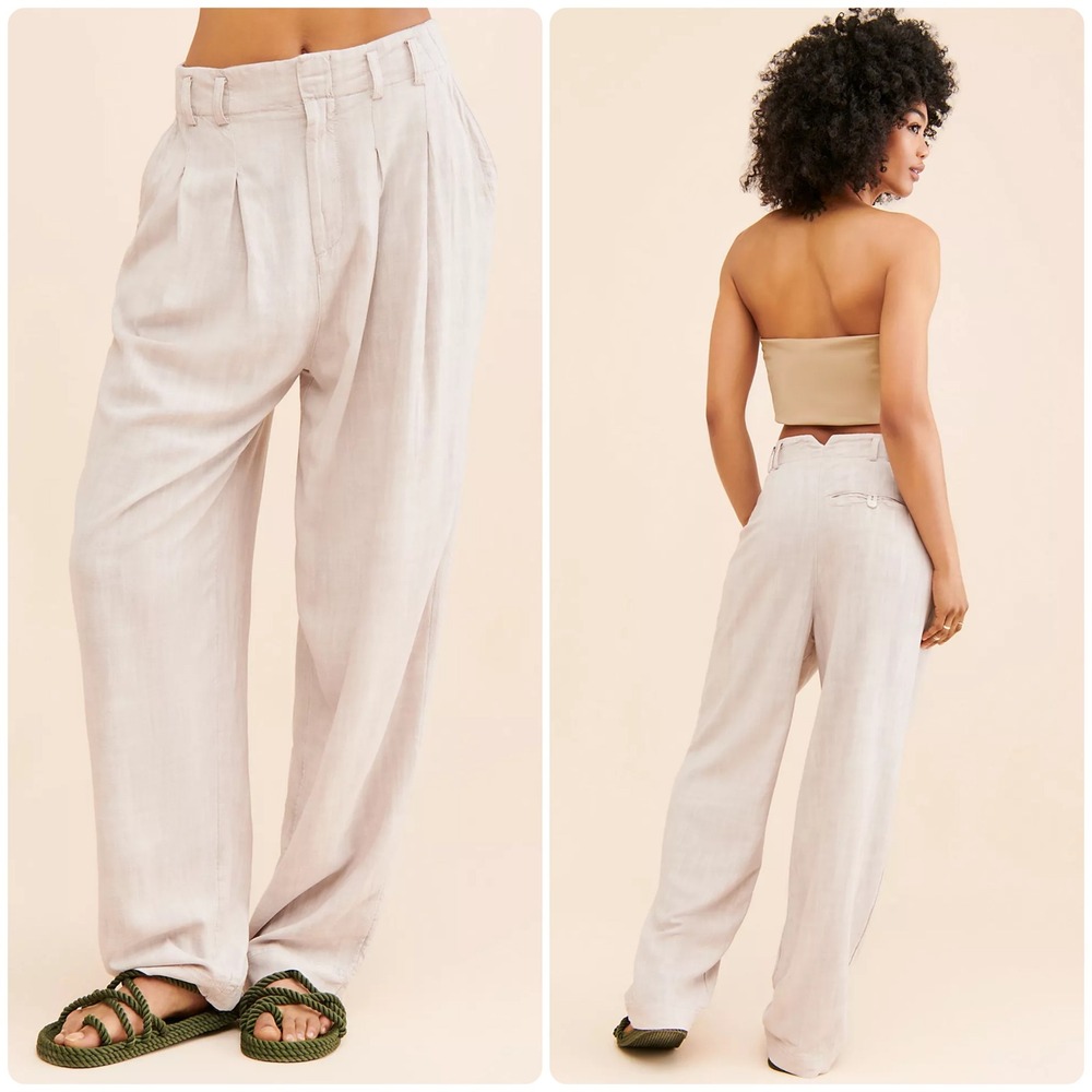 Free People Neutral Beachy Linen Blend Wide Leg Calla Pleated Trousers Pants 12‎